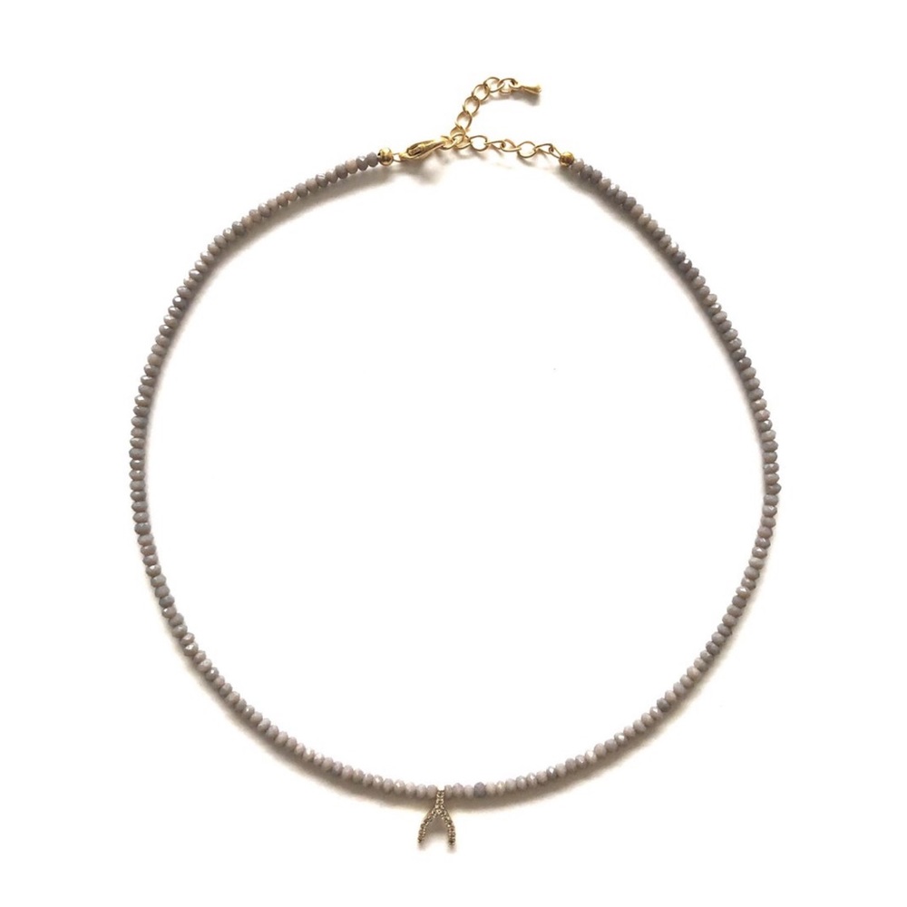 Shop Grey Glass Beads and Pave Wishbone Necklace
